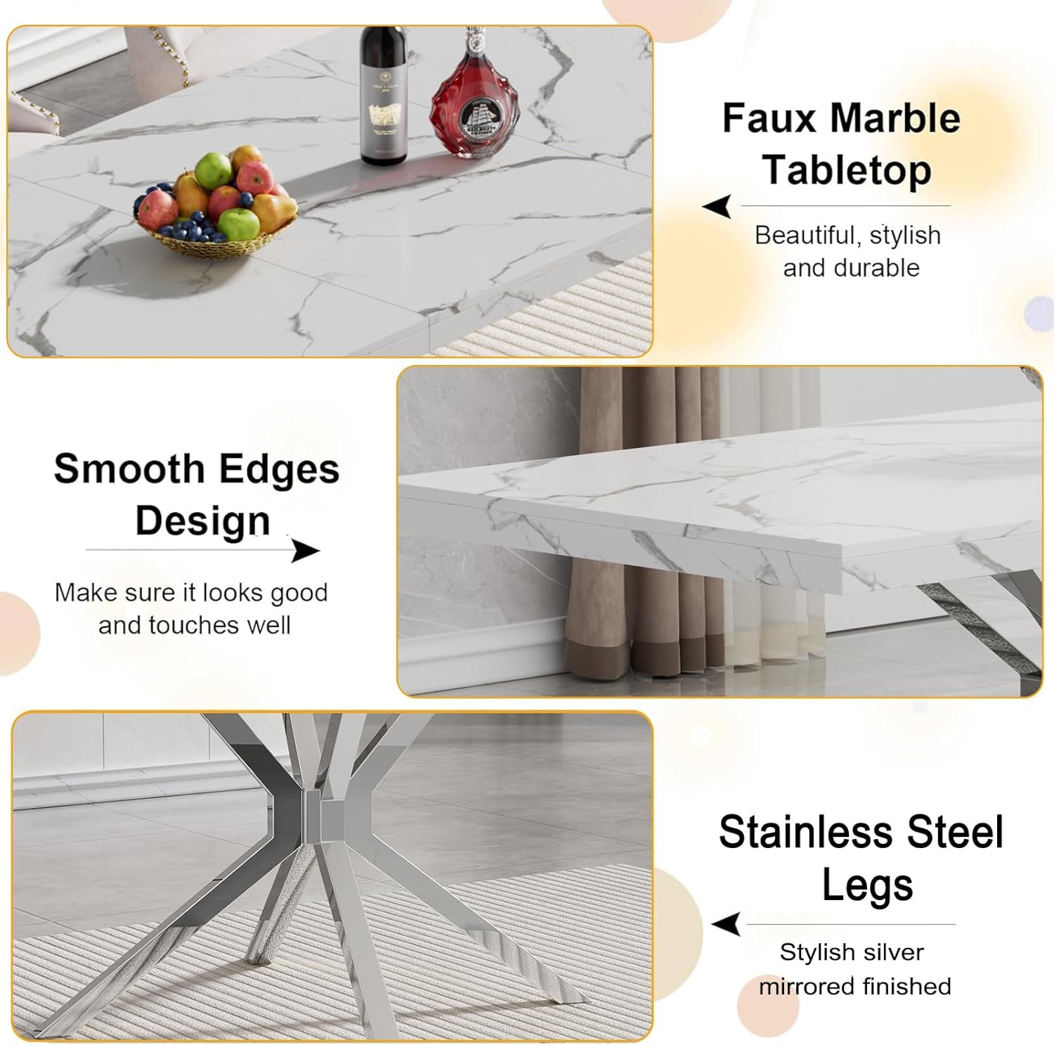 70 inch Faux Marble Dining Table for 4-6, Modern Kitchen Table with White Faux Marble Tabletop, Silver Stainless Steel X Base, Rectangular Dining Room Table for Dinner, Party, Meeting, Celebration
