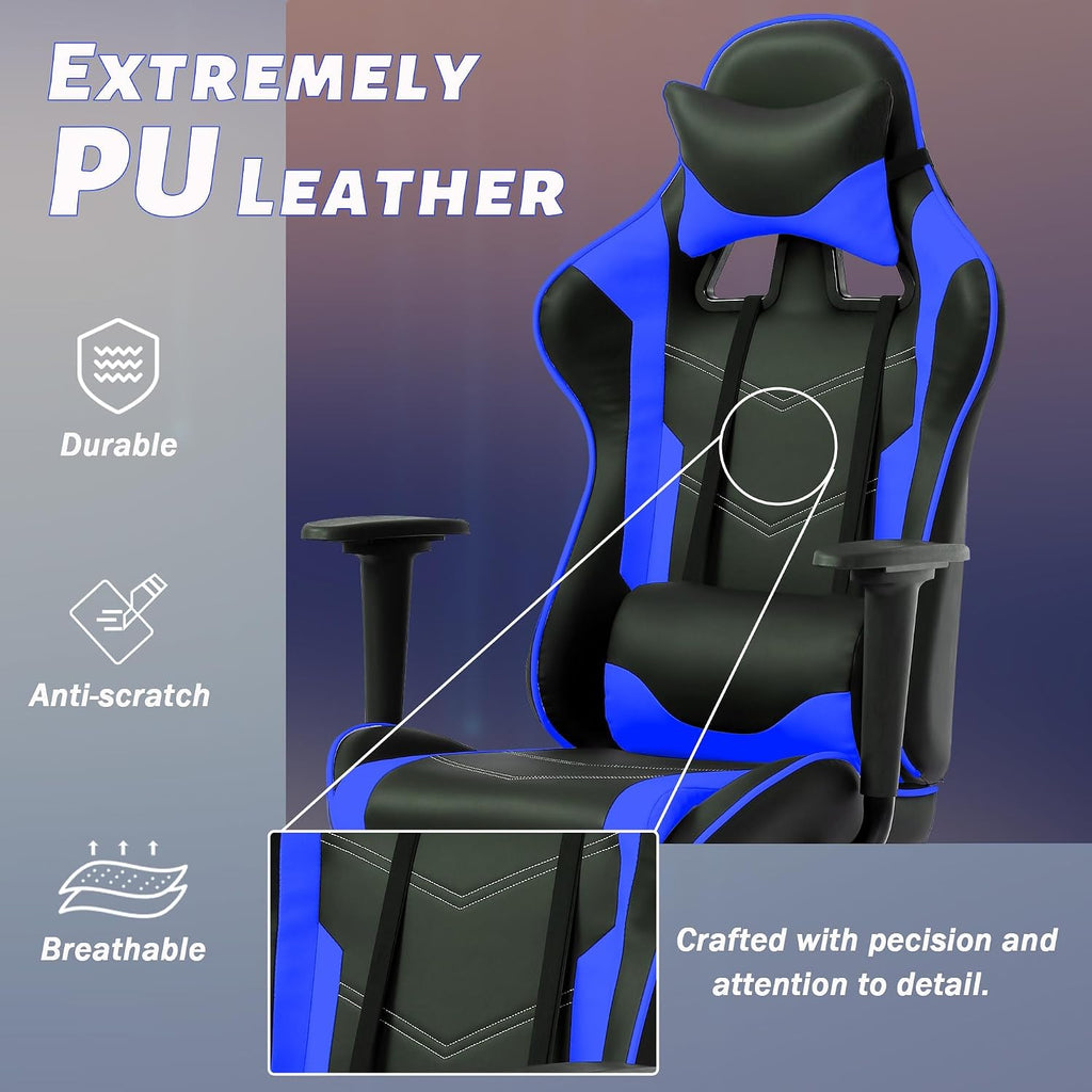 Gaming Chair, High Back PU Leather Gaming Chairs Computer Chair with Headrest & Lumbar Support, Height Adjustable Wide Seat Gaming Chairs for Adults, Game Chair with Footrest & Armrest (Blue)