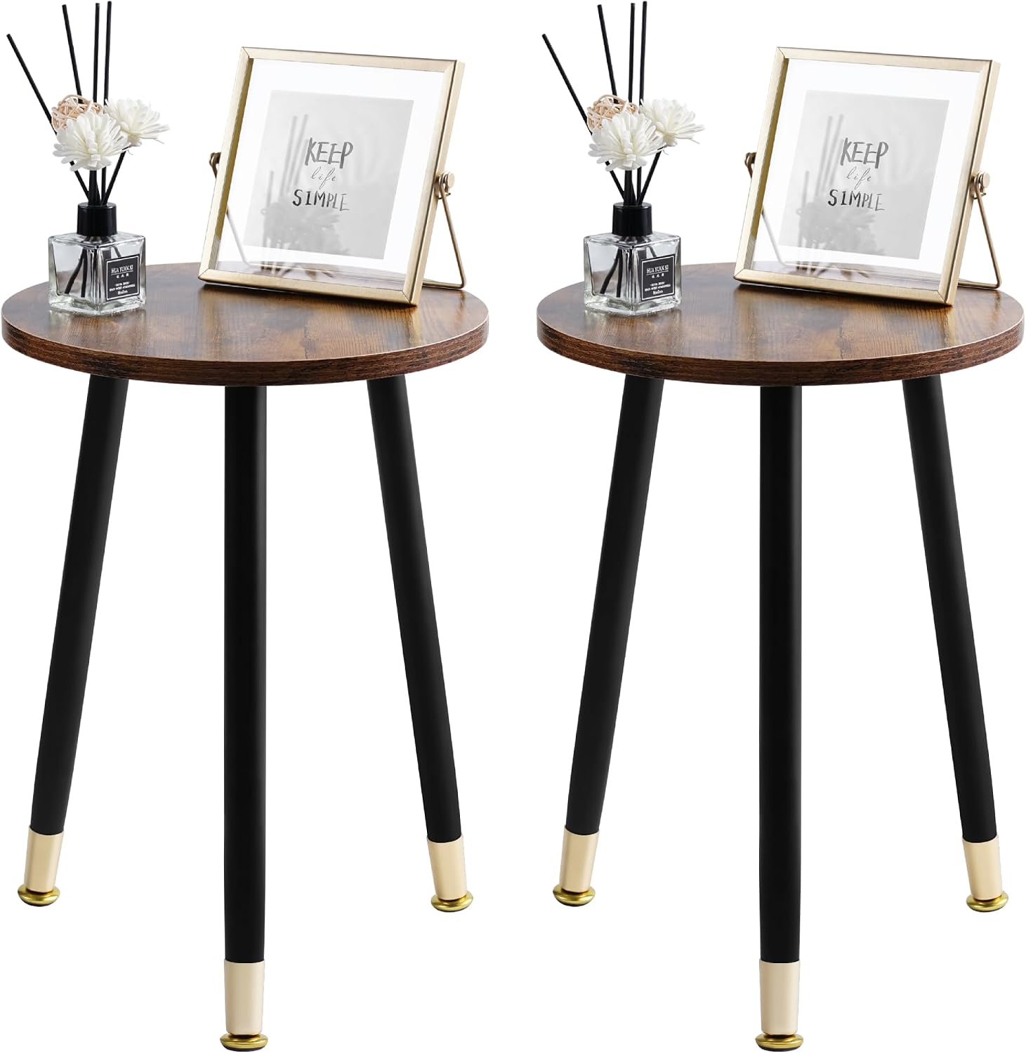 16 Inch Round Wood Walut End Table, Small Stable Side Table for Nightstand Living Room Bedroom Sofa Couch Corner, 2pcs