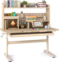 Costzon Kids Desk, Height Adjustable Student Table w/Tilt Desktop, Retractable Book Stand, Hutch, Drawer, Pen Holder, Tray & Scale Ruler, Children Study Desk for Reading Writing Drawing