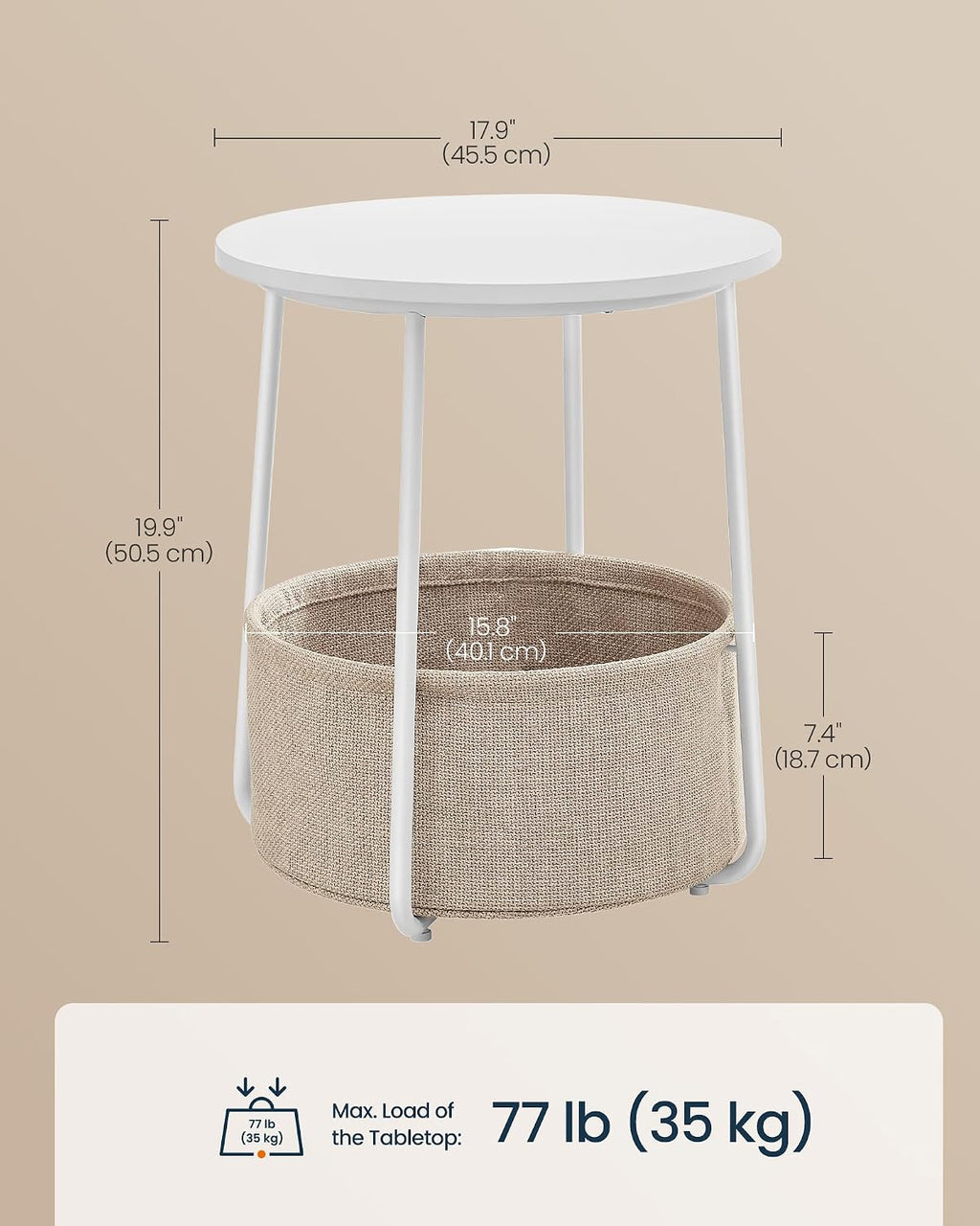 SONGMICS HOME Small Side Table, Round End Table, 2 Tier Nightstand with Basket, U Shaped Steel Legs, Easy Assembly, for Living Room, Bedroom, White and Brown