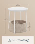 SONGMICS HOME Small Side Table, Round End Table, 2 Tier Nightstand with Basket, U Shaped Steel Legs, Easy Assembly, for Living Room, Bedroom, White and Brown