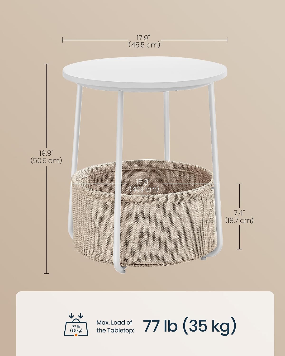 SONGMICS HOME Small Side Table, Round End Table, 2 Tier Nightstand with Basket, U Shaped Steel Legs, Easy Assembly, for Living Room, Bedroom, White and Brown