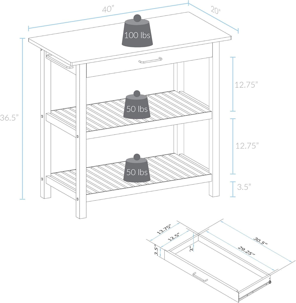 Casual Home Kitchen Island with Solid American Hardwood Top, Natural/White, 40" W (373-91)