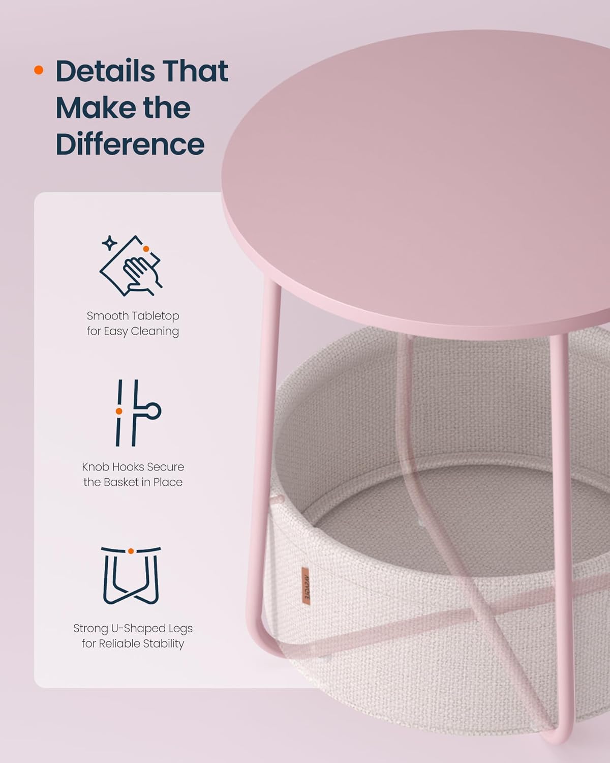 SONGMICS HOME Small Side Table, Round End Table, 2 Tier Nightstand with Basket, U Shaped Steel Legs, Easy Assembly, for Living Room, Bedroom, Pink and White