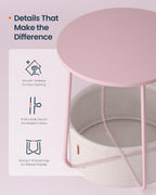 SONGMICS HOME Small Side Table, Round End Table, 2 Tier Nightstand with Basket, U Shaped Steel Legs, Easy Assembly, for Living Room, Bedroom, Pink and White