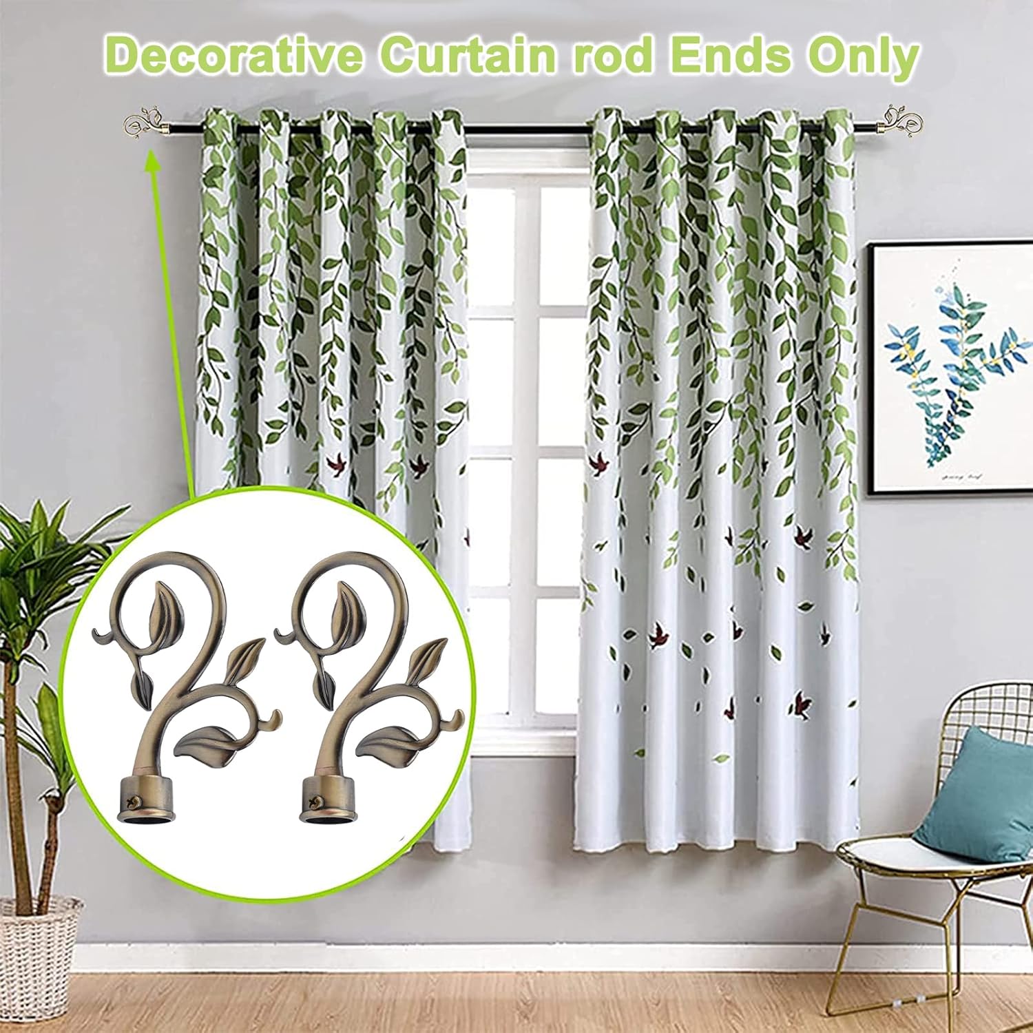 Bronze Curtain Finials, 2Pcs Leafy Branches Style, Fits Dia. 0.9-1.1" Rods, Easy to Install, Strong & Durable Aluminum Alloy, Bronze Textured Finish