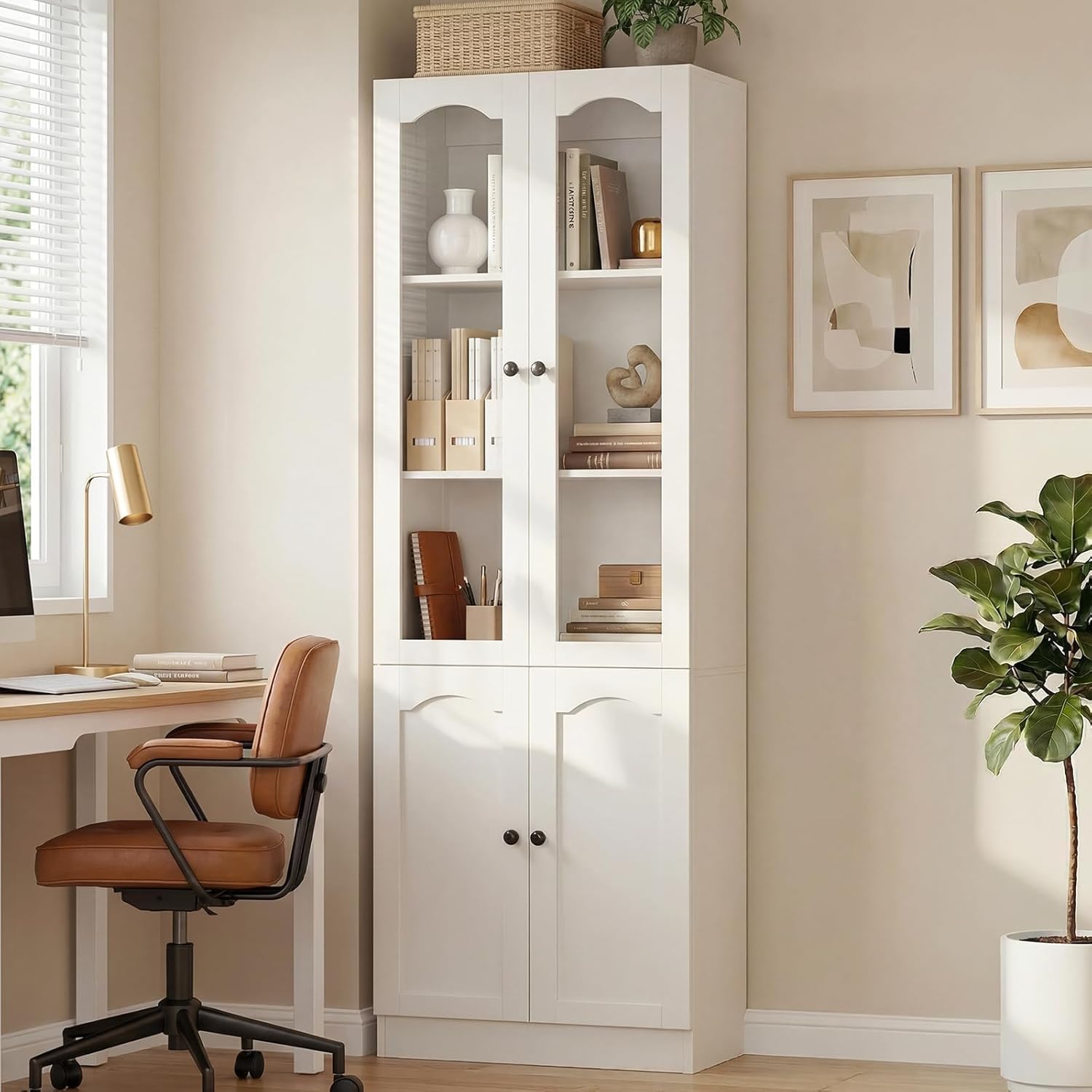 Cyclysio 80" Tall Pantry Cabinet with 4 Doors, White Kitchen Pantry Storage Cabinet with Built-in Baseboard Notch & Adjustable Shelves – Kitchen Storage Cabinet for Dining, Living Room, Office
