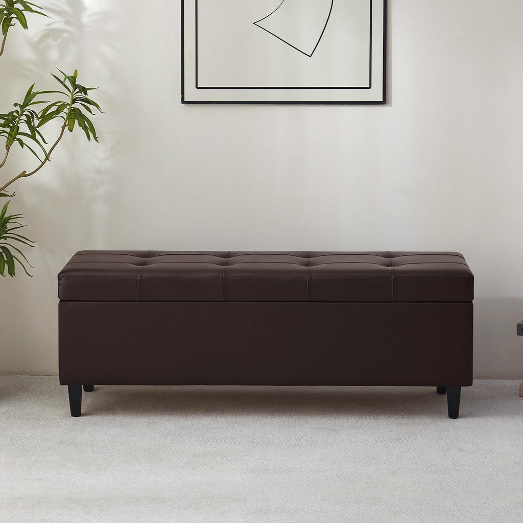 50.5 Inch Storage Ottoman Bench, Faux Leather Tufted Upholstered Bedroom Bench with Safety Hinges, Supports 300 lbs, Large Storage Bench for Living Room, Entryway (Brown)