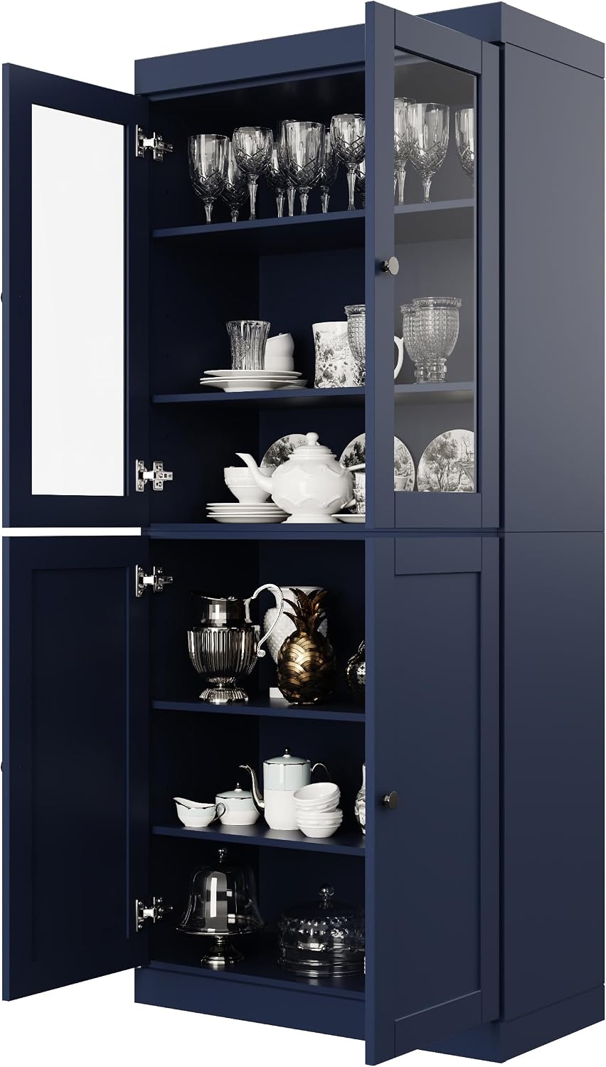 Palace Imports Solid Wood Tall Pantry Cabinet – 71.5" H x 32" W – Navy Blue Wooden Storage Cabinet for Kitchen w/Clear Glass/Shaker Doors, 4 Adjustable Shelves, 100% Eco-Friendly Wood, Made in Brazil