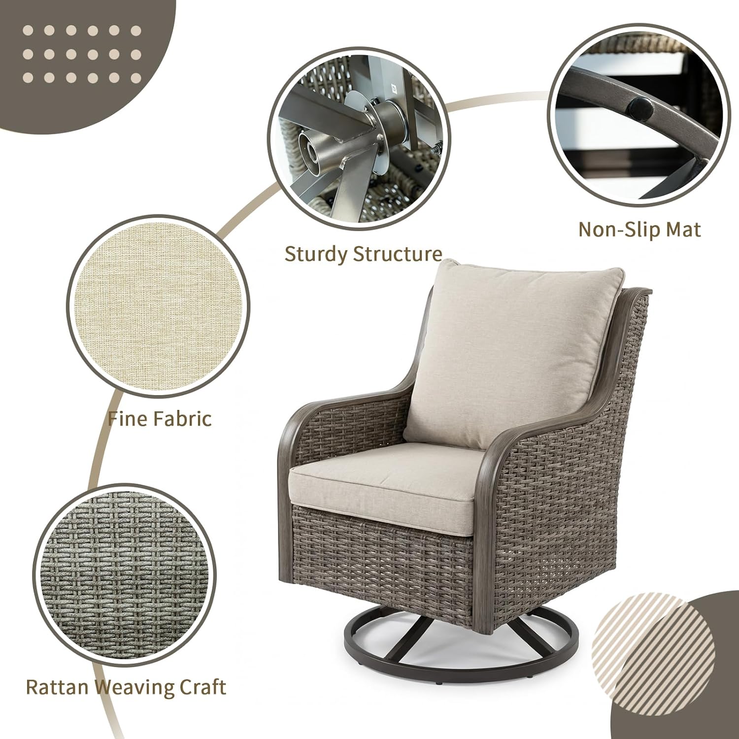 Swivel PE Wicker Chair, Outdoor Patio Chair with 360° Rotation & Water-Resistant Cushion for Porch, Deck, Balcony – All-Weather Handwoven Design (Beige, 1PCS)