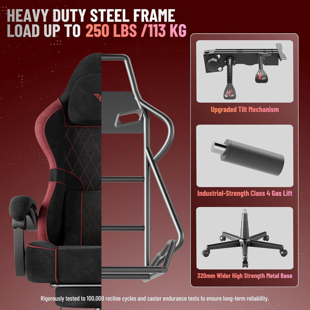 Ferghana Velvet Fabric Ergonomic Gaming Chair with Footrest and Linkage Armrest, High Back Computer Game Chair with Massage Lumbar Support for Adult(Black/Red)