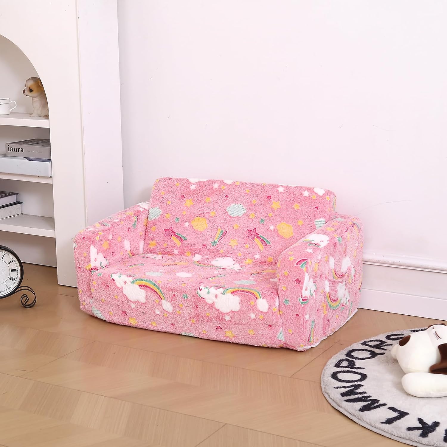 Foldable Kids Sofa Extra Wide for 2 Seats, Soft Kids Fold Out Couch Glow in The Dark,Convertible Sofa to Lounger Toddler Sofa Chair(Rainbow)
