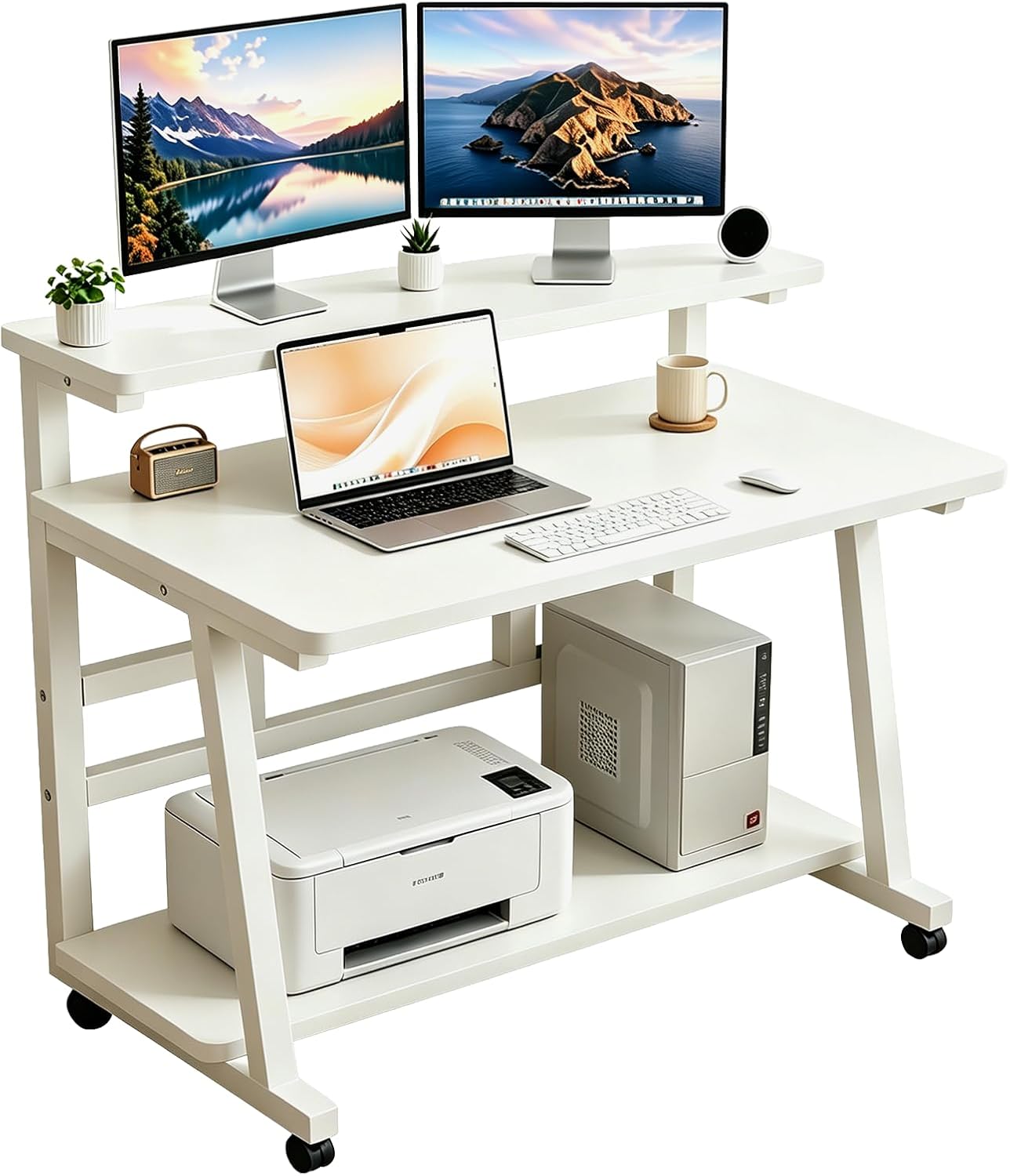 31.5 Inch Compact Rolling Computer Desk with Tier Worktable & Lockable Wheels, Small Computer Desk, Small Desk for Bedroom, Mobile Writing Workstation Easy Assembly for Home Office Small Spaces