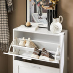 Hestiamo Shoe Cabinet for Entryway, 2-Tier Flip Drawer Shoe Storage Cabinet with Dividers, Shoe Organizer for Small Spaces, Narrow Shoe Rack, Slim Shoe Rack Freestanding, White, HUS-FSR137