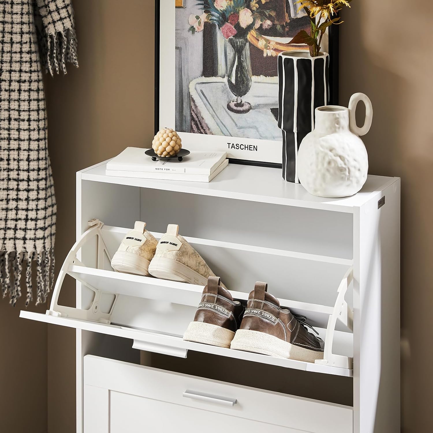 Hestiamo Shoe Cabinet for Entryway, 2-Tier Flip Drawer Shoe Storage Cabinet with Dividers, Shoe Organizer for Small Spaces, Narrow Shoe Rack, Slim Shoe Rack Freestanding, White, HUS-FSR137