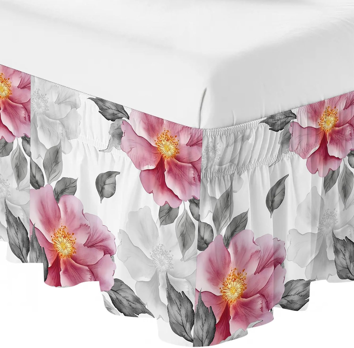 Pink Grey Floral Bed Skirt Cal King Size 16 Inch Drop, Adjustable & Elastic Wrap Around Bed Skirts Pleated Dust Ruffles for Twin Full Queen Cal King Base Bed, Botanical Leaves Spring Chic Flower