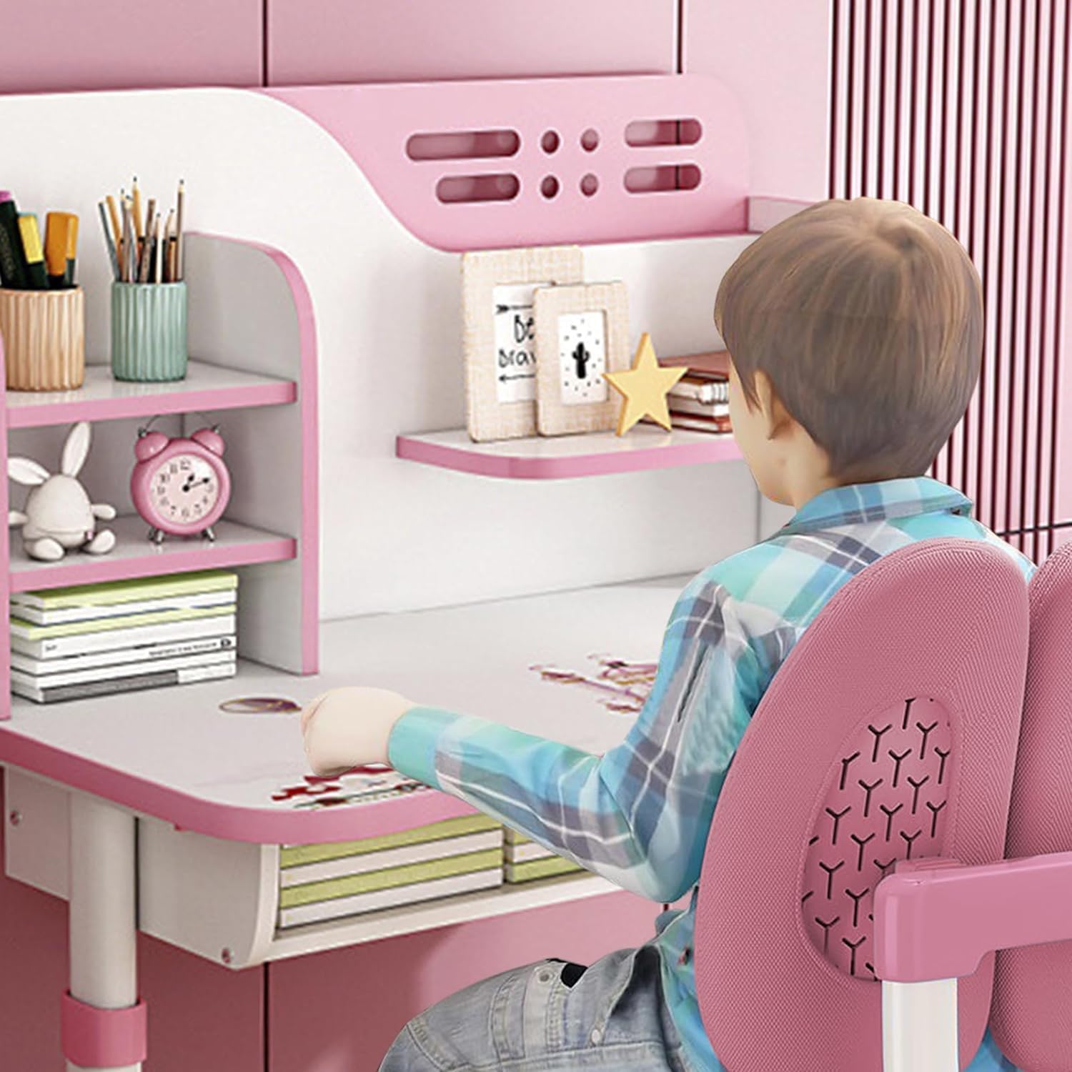 Kids Desk and Chair Set, Study Table and Chair, Desk for Kids, Children's Desks with Golden Distance Design, Homeschooling Writing Desk with Desktop for Boys and Girls (Pink 3)