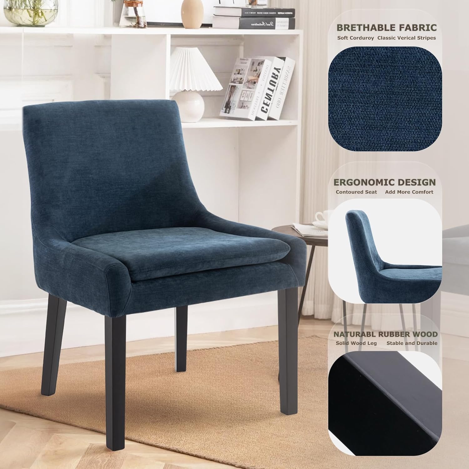 COLAMY Modern Dining Chairs Set of 2, Upholstered Accent Side Leisure Chairs with Mid Back and Wood Legs for Living Room/Dining Room-Blue