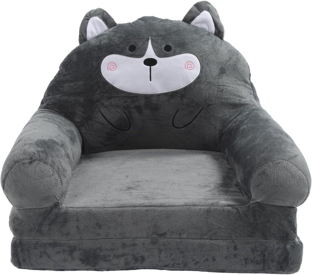 2 in 1 Fold Out Kids Couch, Foldable Toddler Chair and Infant Seat, Soft Cloth Sofa with Sponge Fill, Cartoon Animal Design for Nursery, Home & Travel (Folding in Half)