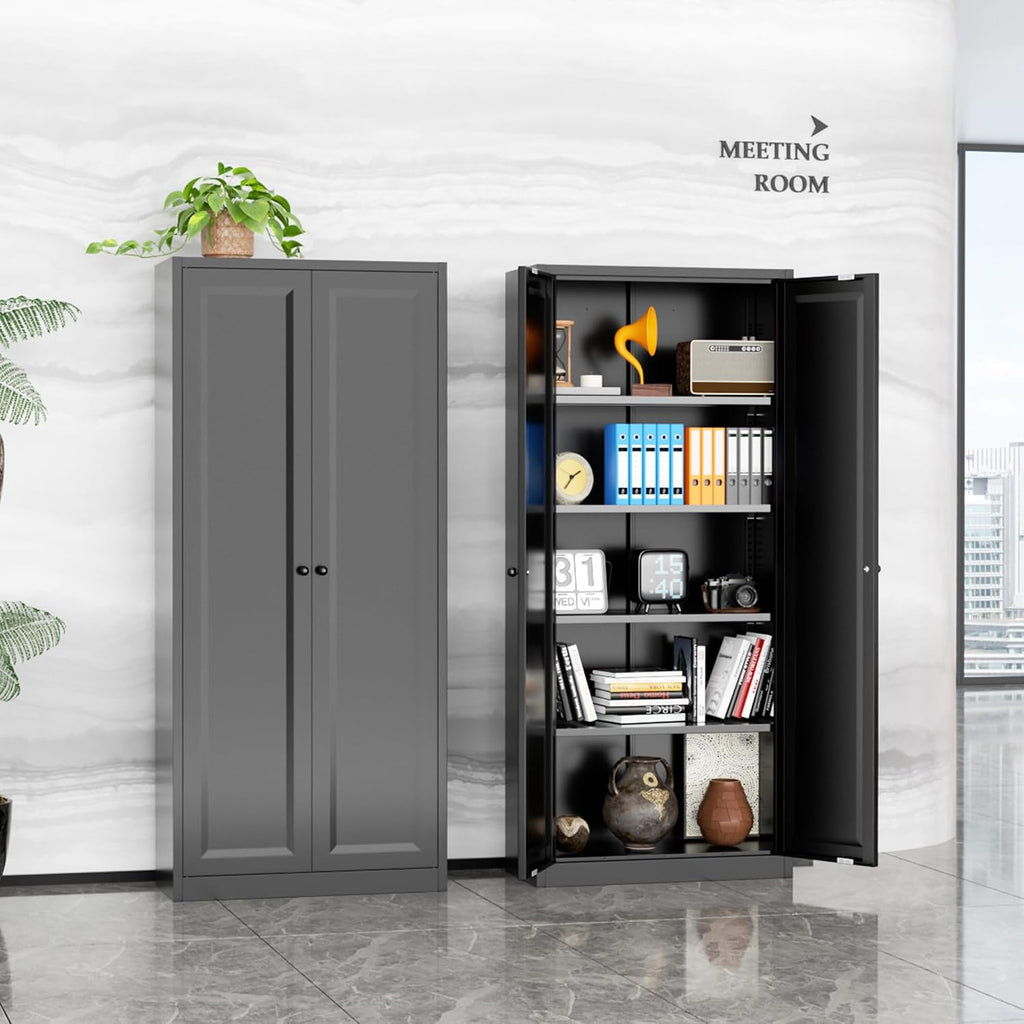 INTERGRAET Kitchen Pantry Cabinet, 63" Tall Metal Pantry Storage Cabinets with 2 Doors and 4 Shelves, Black Metal Storage Cabinet,Cupboard for Home,Kitchen,Living Room