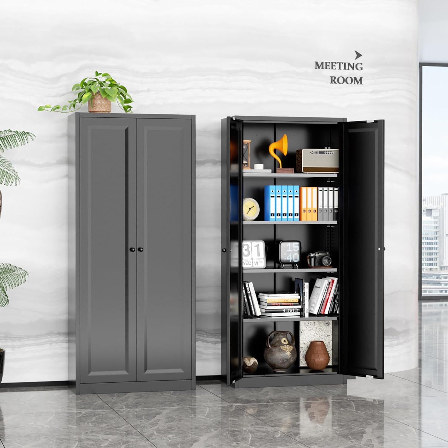 INTERGRAET Kitchen Pantry Cabinet, 63" Tall Metal Pantry Storage Cabinets with 2 Doors and 4 Shelves, Black Metal Storage Cabinet,Cupboard for Home,Kitchen,Living Room