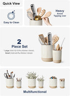 LE TAUCI Ceramic Kitchen Utensil Holder Set of 2 - 6.9"+5.3" Large Cooking Utensil Crock & Organizer for Spatula, Spoon, Whisk - Farmhouse Countertop Storage, Cream Beige, Line