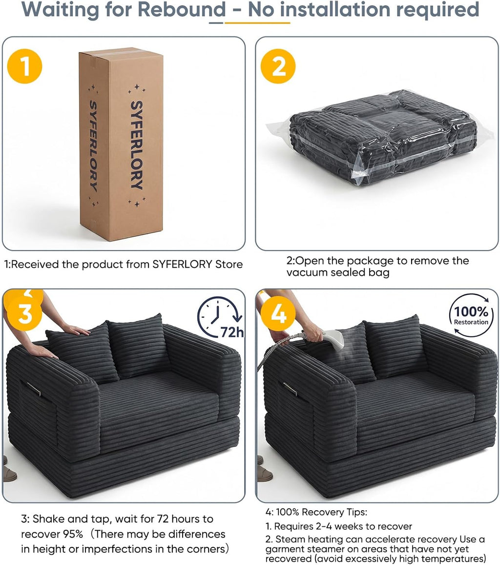 Versatile Loveseat Boneless Oversized Chair Convertible Sleeper Sofa Bed with Back Support Chaise Lounge Chair Indoor for Adult Teen, Comfy Futon Floor Folding Couch for Living Room Bedroom, Black