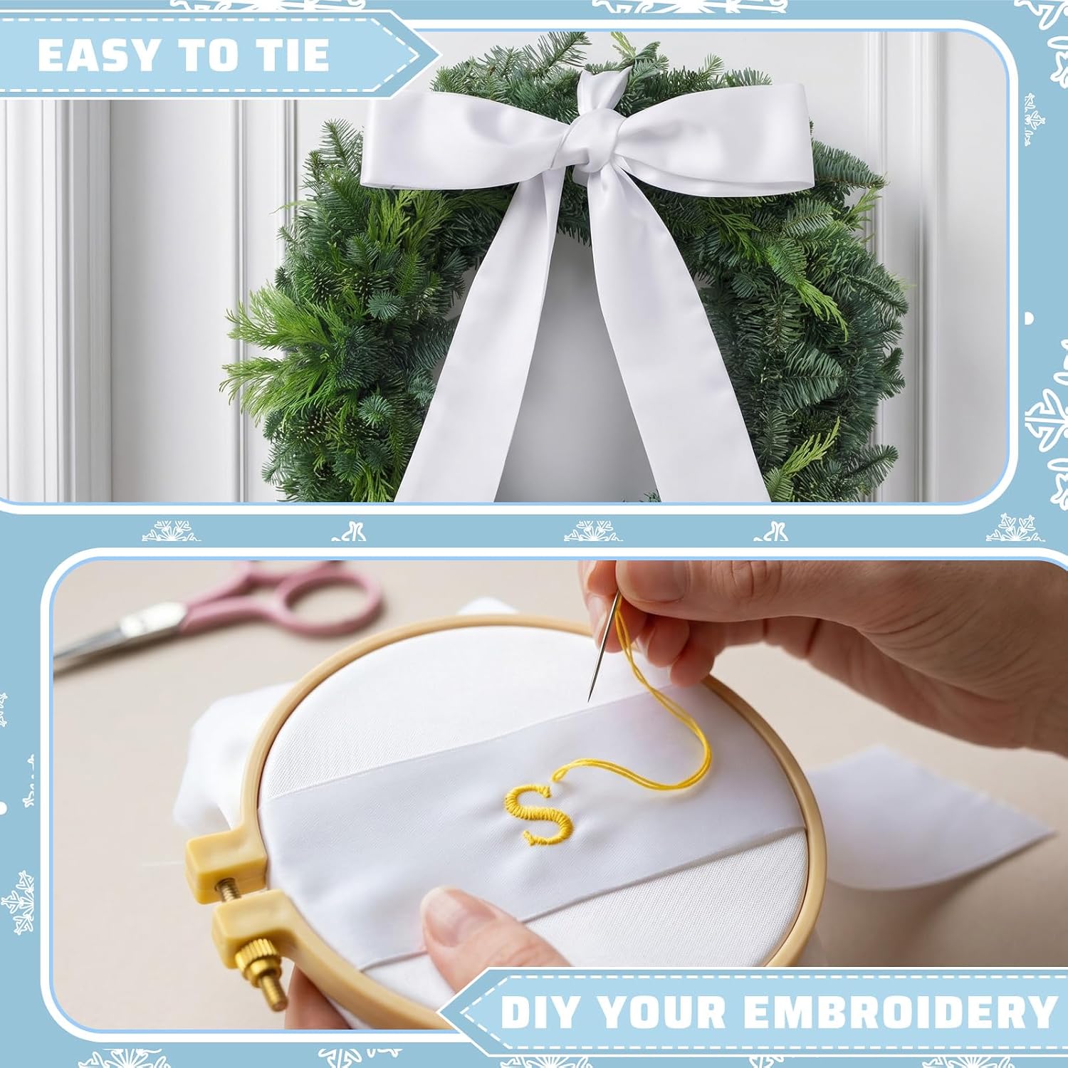 VitalCozy White Wreath Sash for Front Door Blank Satin Tulle Bow Wreath Sash Embroidery Monogram Plain Ribbon Accessories for Xmas Party Yard Doorway Indoor Outdoor Wall (2.56" X 67",Satin)
