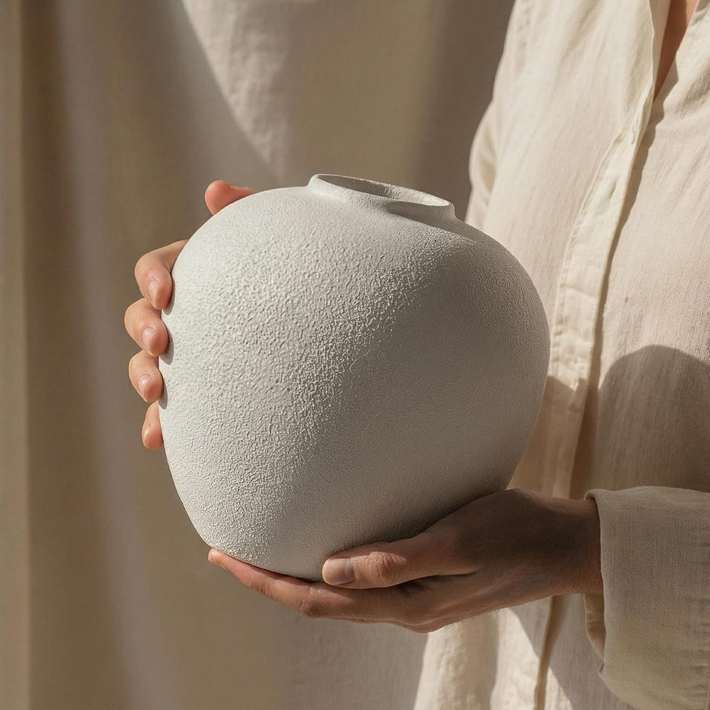 White Ceramic Vase 7.9 inch Round Minimalist Leak-Proof Vases for Flowers with Soft Pads, Modern Farmhouse Decor for Living Room