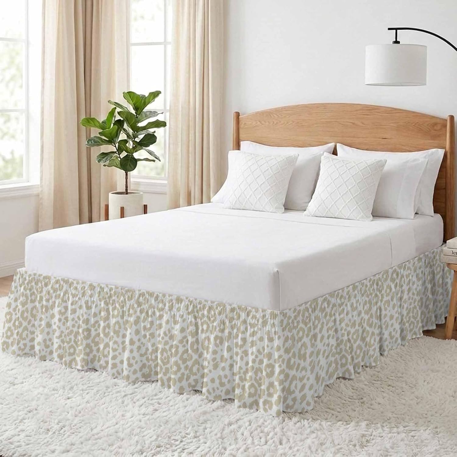 Bed Skirt Cream Leopard Print Bedskirt 18 Inch Drop Animal Fur Skin Adjustable Elastic Wrap Around Bed Skirts Dust Ruffle for Queen Size Bed Frame Cover Bedroom Decor