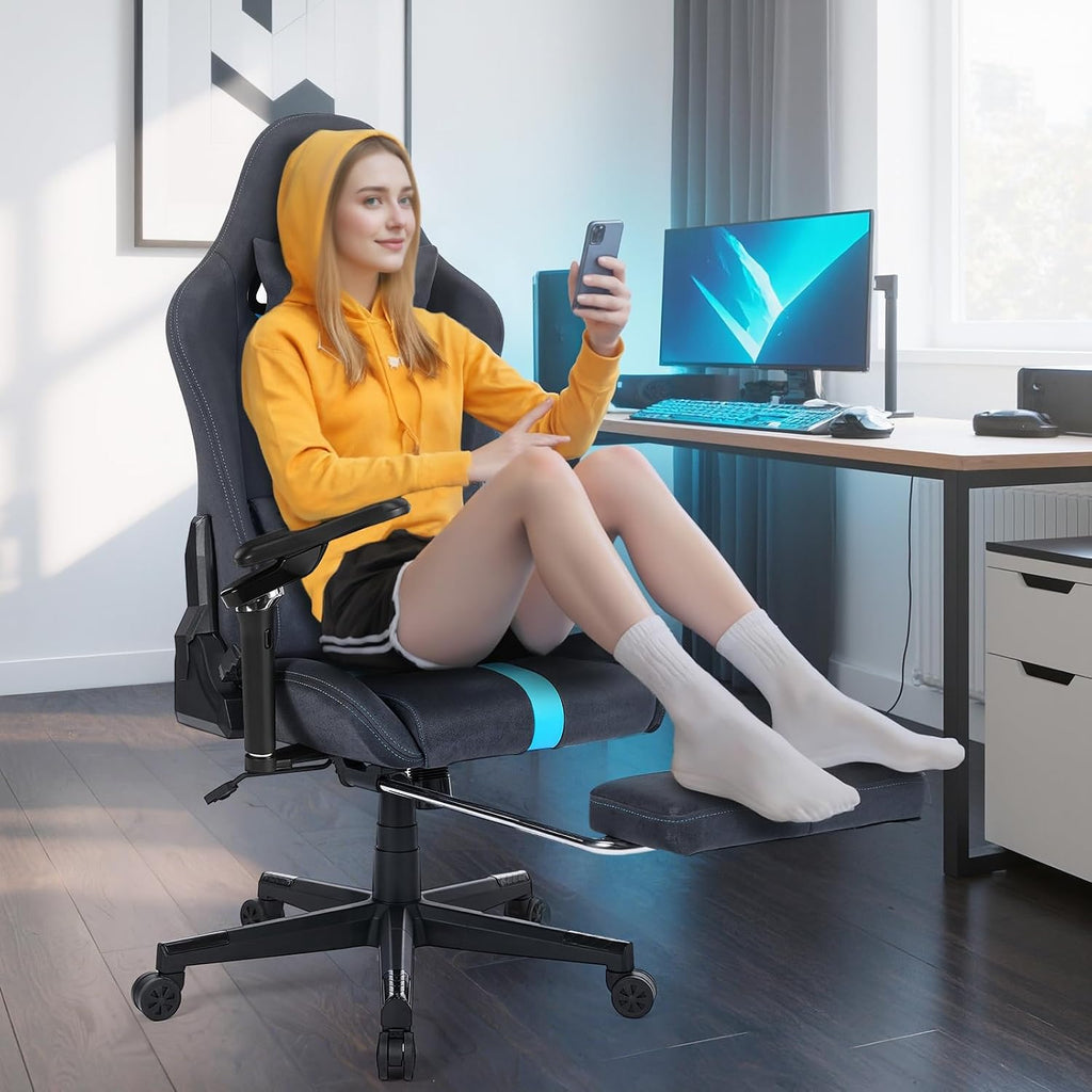 Gaming Chair with footrest,6D armrests for Gamer Chair,360° Perfectly Support Your Elbows and Wrists,Breathable Suede Fabric and 155° Recline with lumb Support(Dark Gray-Blue) (Grey-Blue)