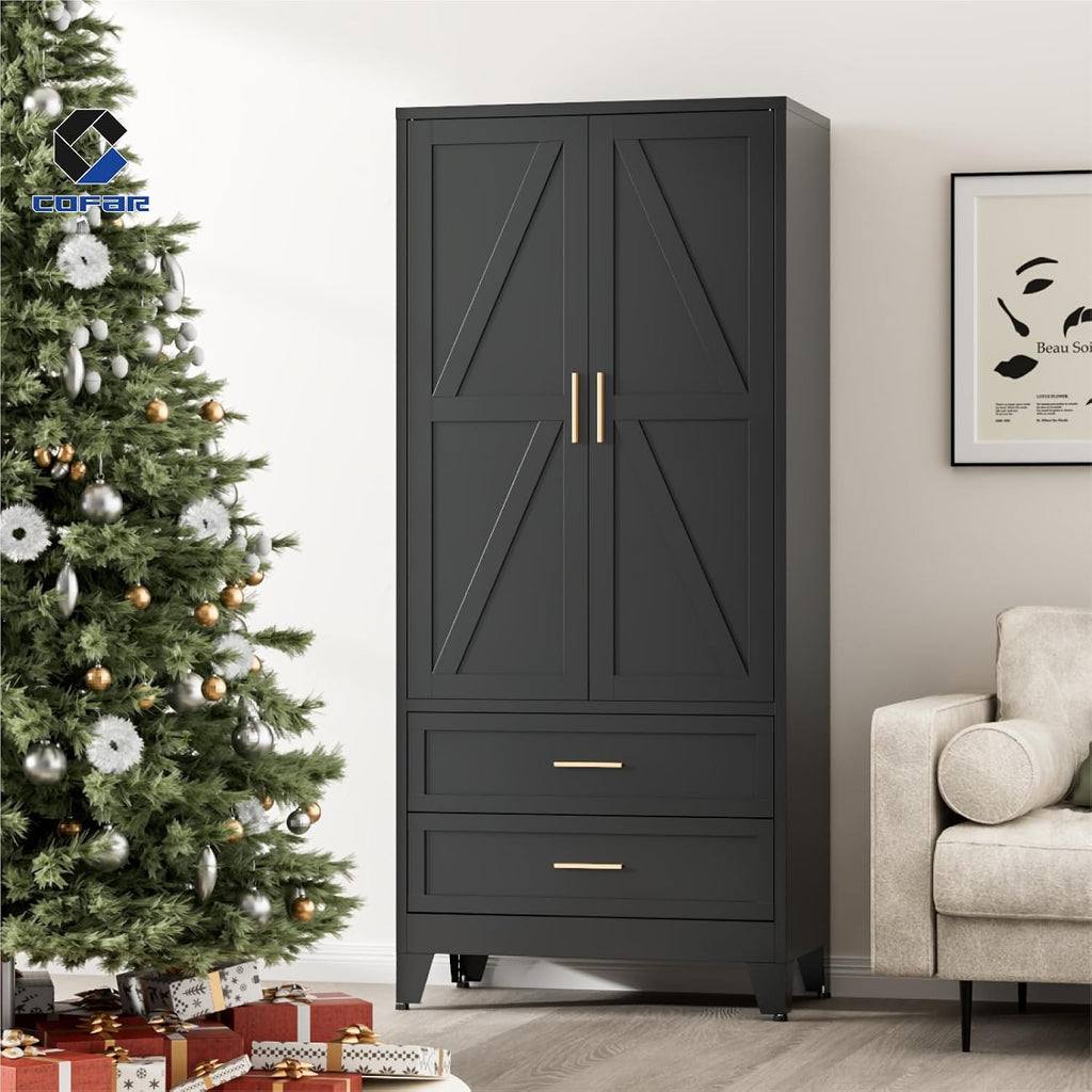 COFaR Armoire Wardrobe Closet with Drawers & Hanging Rod, 71'' Metal Wardrobe Closet with Doors & Adjustable Shelf, Farmhouse Wardrobe Cabinet for Bedroom Home Office Garage, Black