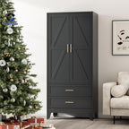 COFaR Armoire Wardrobe Closet with Drawers & Hanging Rod, 71'' Metal Wardrobe Closet with Doors & Adjustable Shelf, Farmhouse Wardrobe Cabinet for Bedroom Home Office Garage, Black
