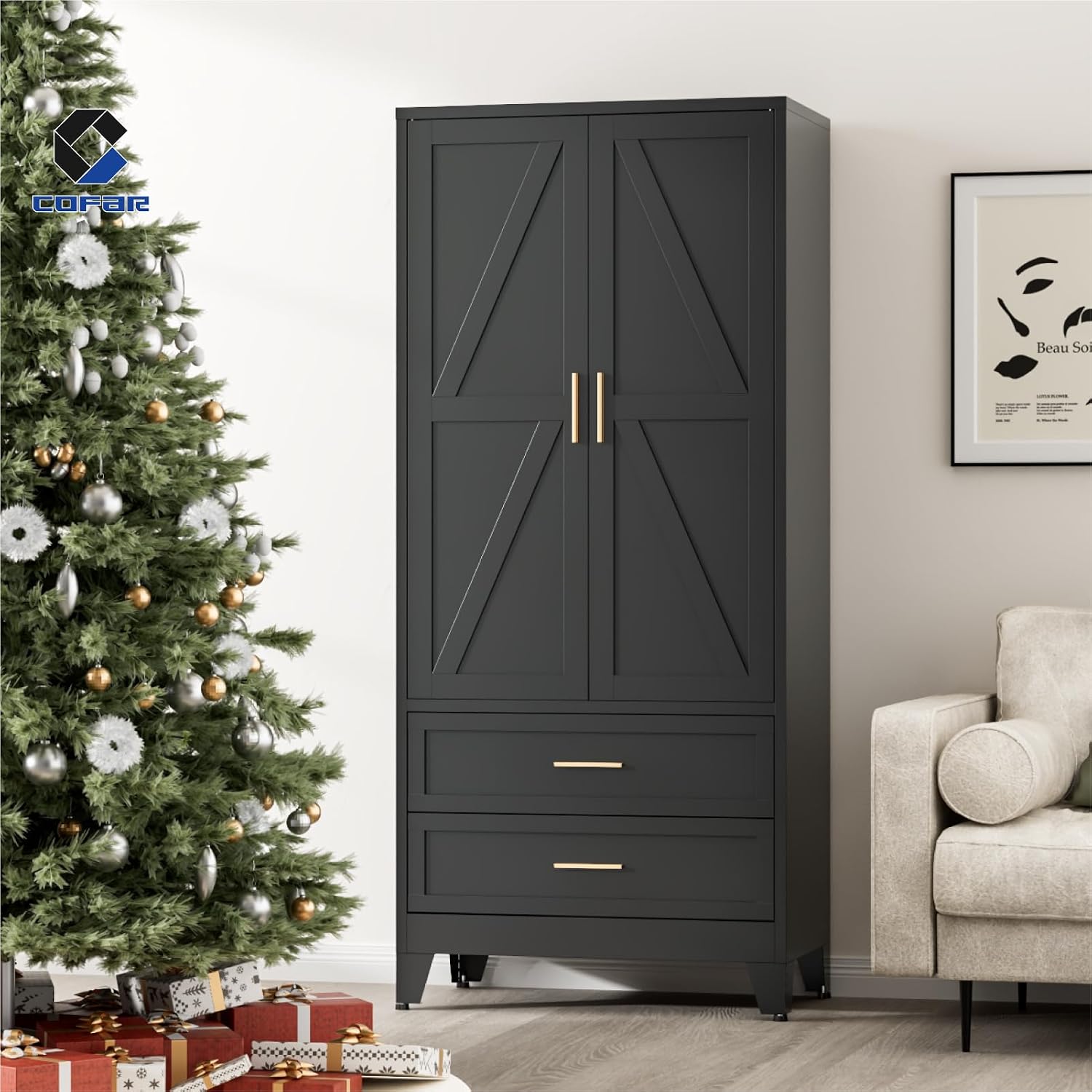 COFaR Armoire Wardrobe Closet with Drawers & Hanging Rod, 71'' Metal Wardrobe Closet with Doors & Adjustable Shelf, Farmhouse Wardrobe Cabinet for Bedroom Home Office Garage, Black