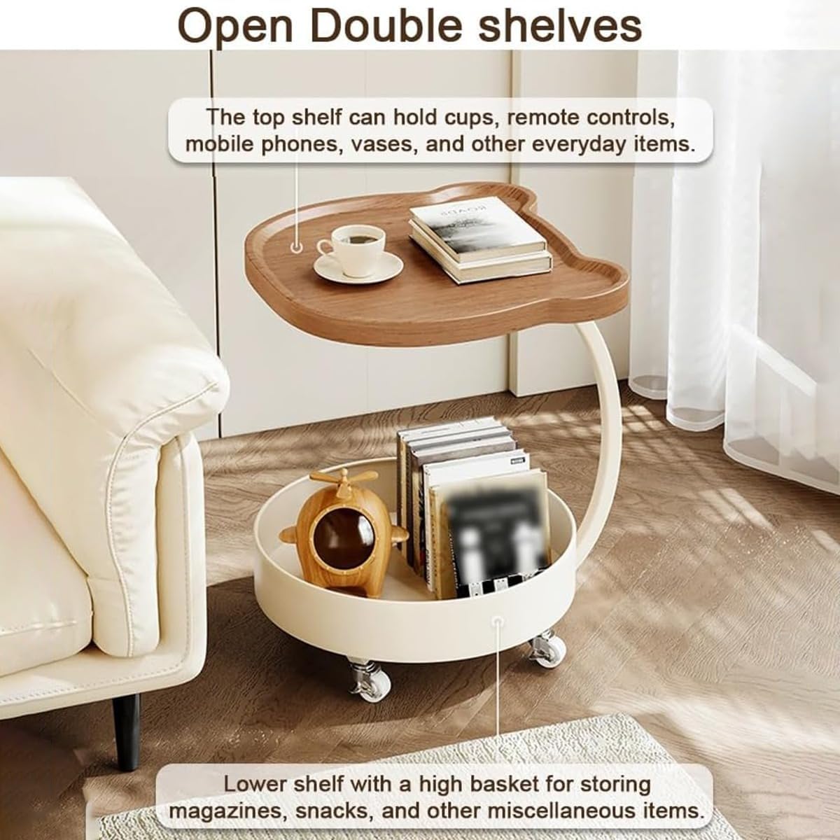 C Shaped End Table, 360°Swivel TV Tray Table with Wheels, Side Table with Storage TV Tables for Eating, Dinner, C Shaped End Tables Living Room, Bedroom for Sofa, Couch, Snack (White)
