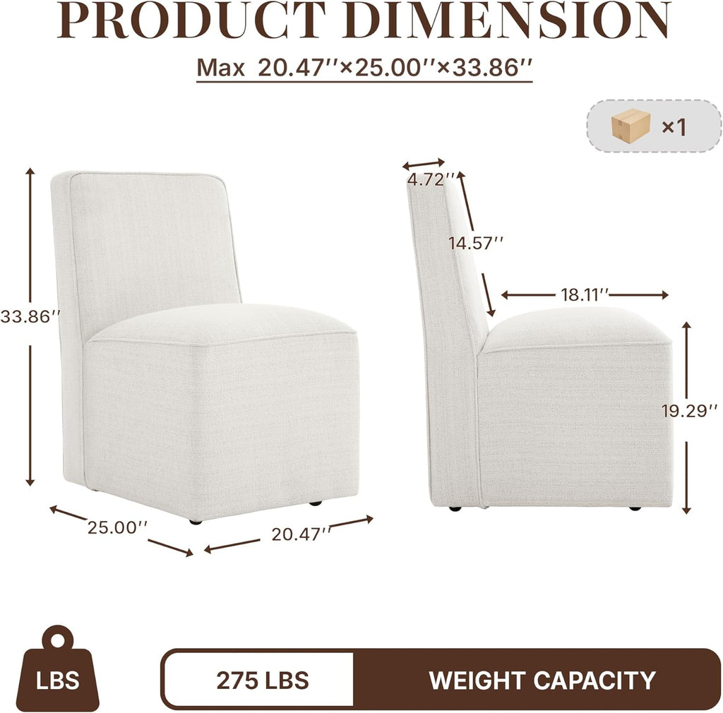Upholstered Dining Chair with Casters Set of 4, Armless Modern Rolling Chenille Dining Chairs with Wheels for Dining Room Bedroom Reading Room Living Room