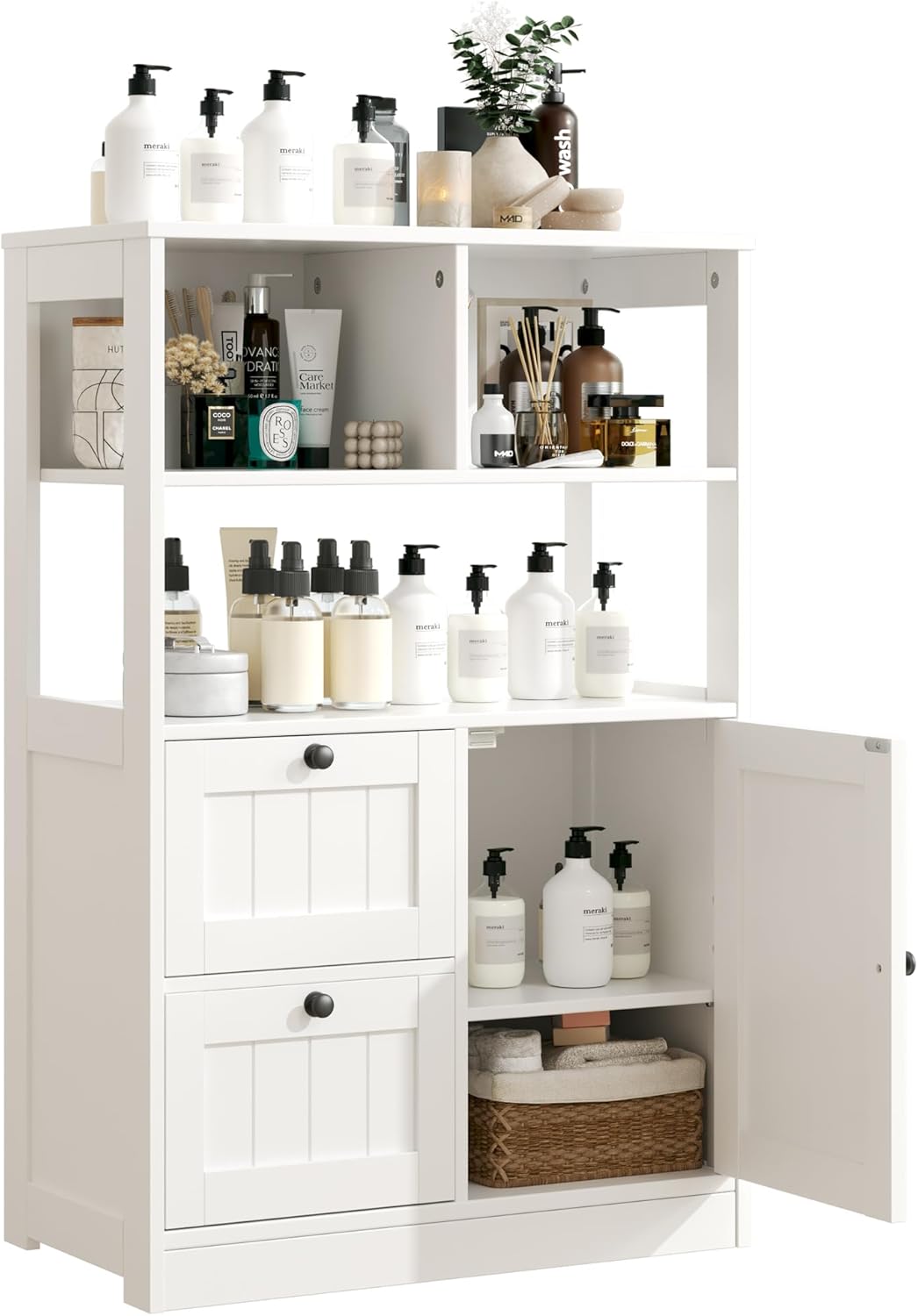 GRUSIGN Bathroom Storage Cabinet with Door and Drawers, Small Freestanding Bathroom Cabinet Organizer, Farmhouse Wooden Cupboard with Adjustable Shelves for Kitchen, Living Room, White