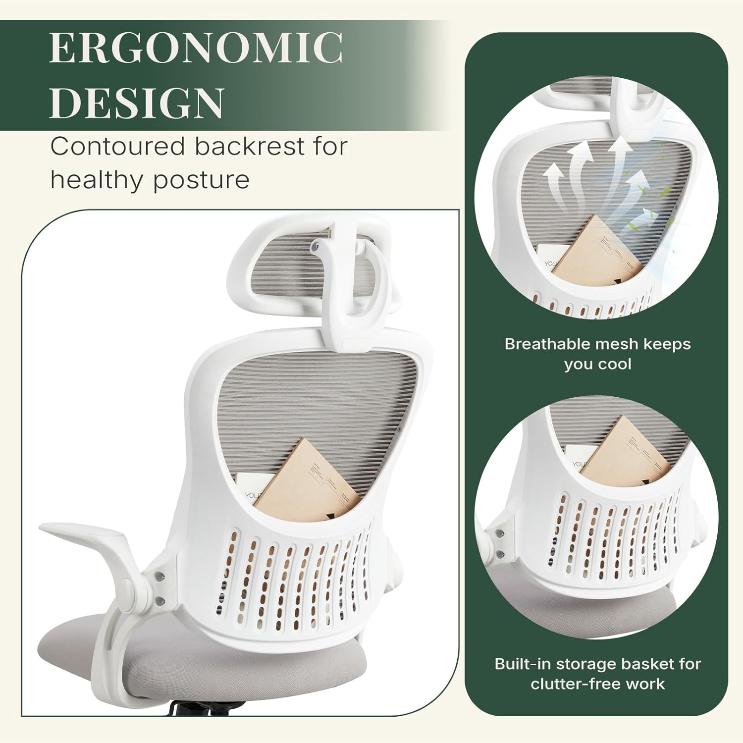 Ergonomic Office Chair, Comfy Desk Chair with Wheels, Adjustable Headrests, Flip-Up Armrests, Breathable Mesh High-Back, Comfortable Swivel Seating for Home Computer, Grey