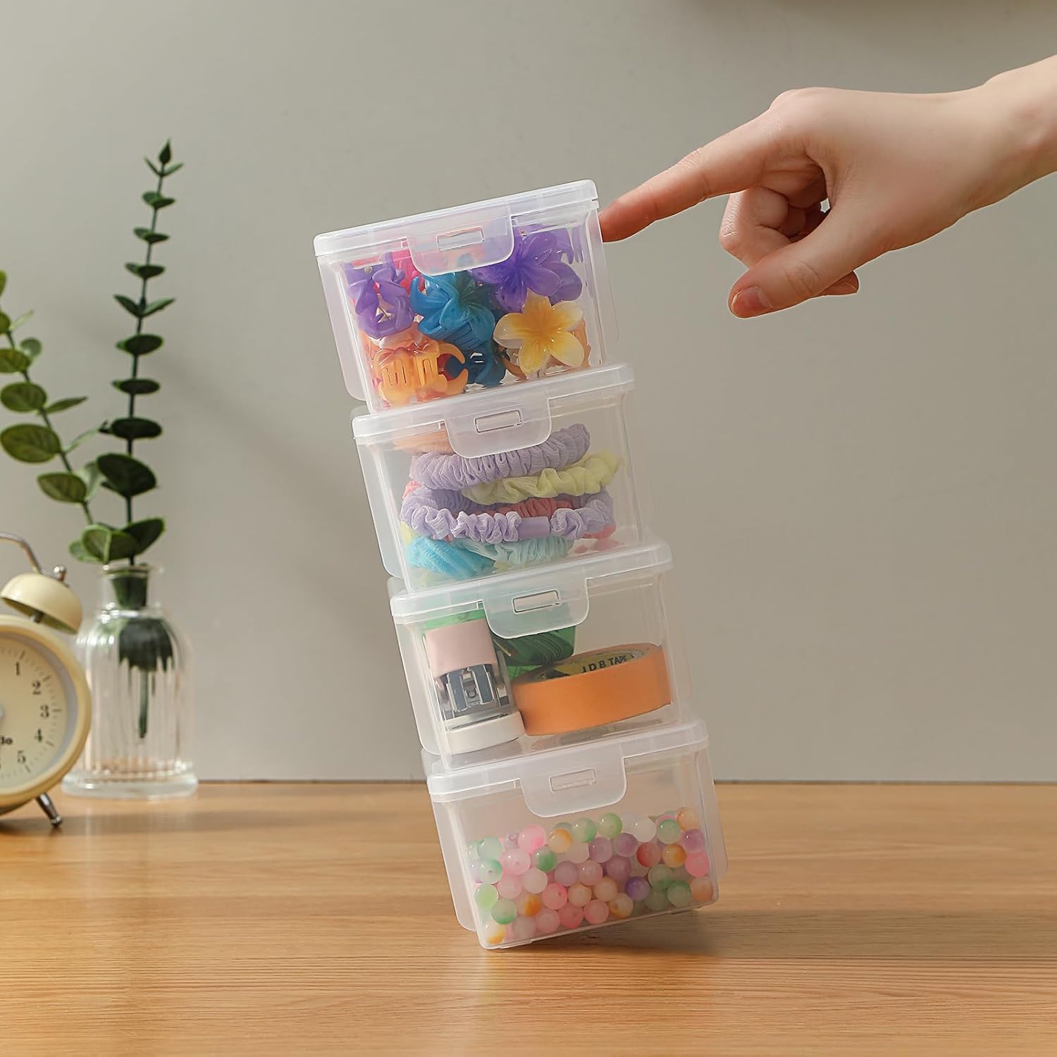 10 Pack Bead Organizer Box, Small Clear Plastic Containers with Lids – Craft Storage for Beads, Crayons, Stickers & Findings – Stackable Classroom Bins with Snap Lid – Clear Square Small