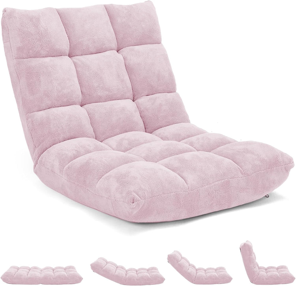 RELAX4LIFE Floor Chair with Back Support - 14-Position Adjustable Lazy Sofa Chair, Padded Sleeper Bed & Couch Recliner for Reading, Meditation, Gaming, Adults (Light Pink)
