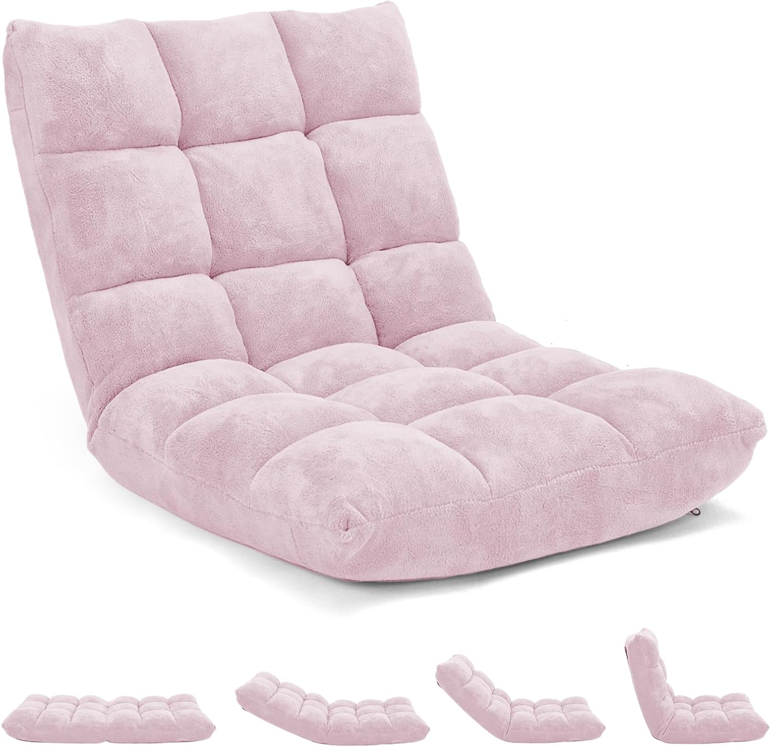 RELAX4LIFE Floor Chair with Back Support - 14-Position Adjustable Lazy Sofa Chair, Padded Sleeper Bed & Couch Recliner for Reading, Meditation, Gaming, Adults (Light Pink)