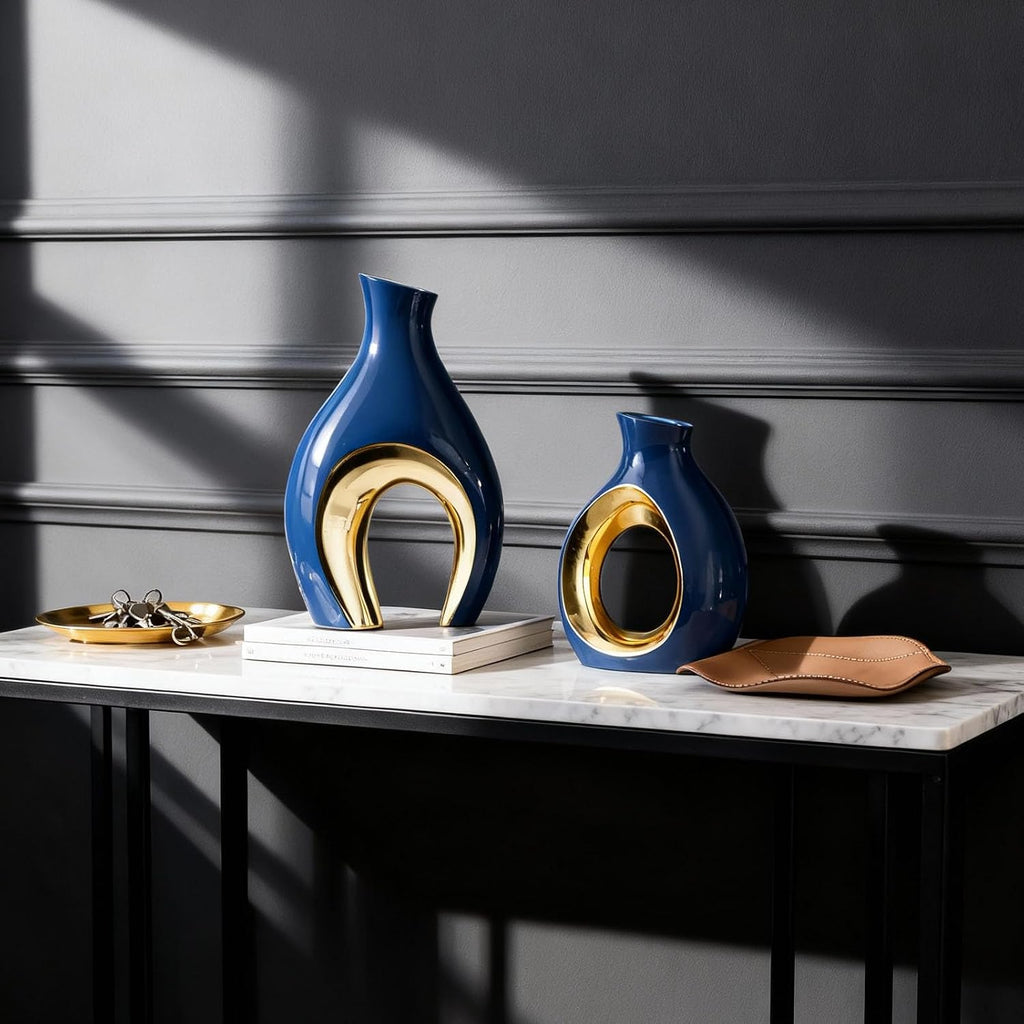 Hollow Ceramic Vase Set of 2,Nordic Modern Boho Decorative Ceramic Aesthetic Flower Vase for Home Decor,Minimalist Centerpiece Table Decorations,Wedding,Living Room,Bookshelf,Entryway (Blue)
