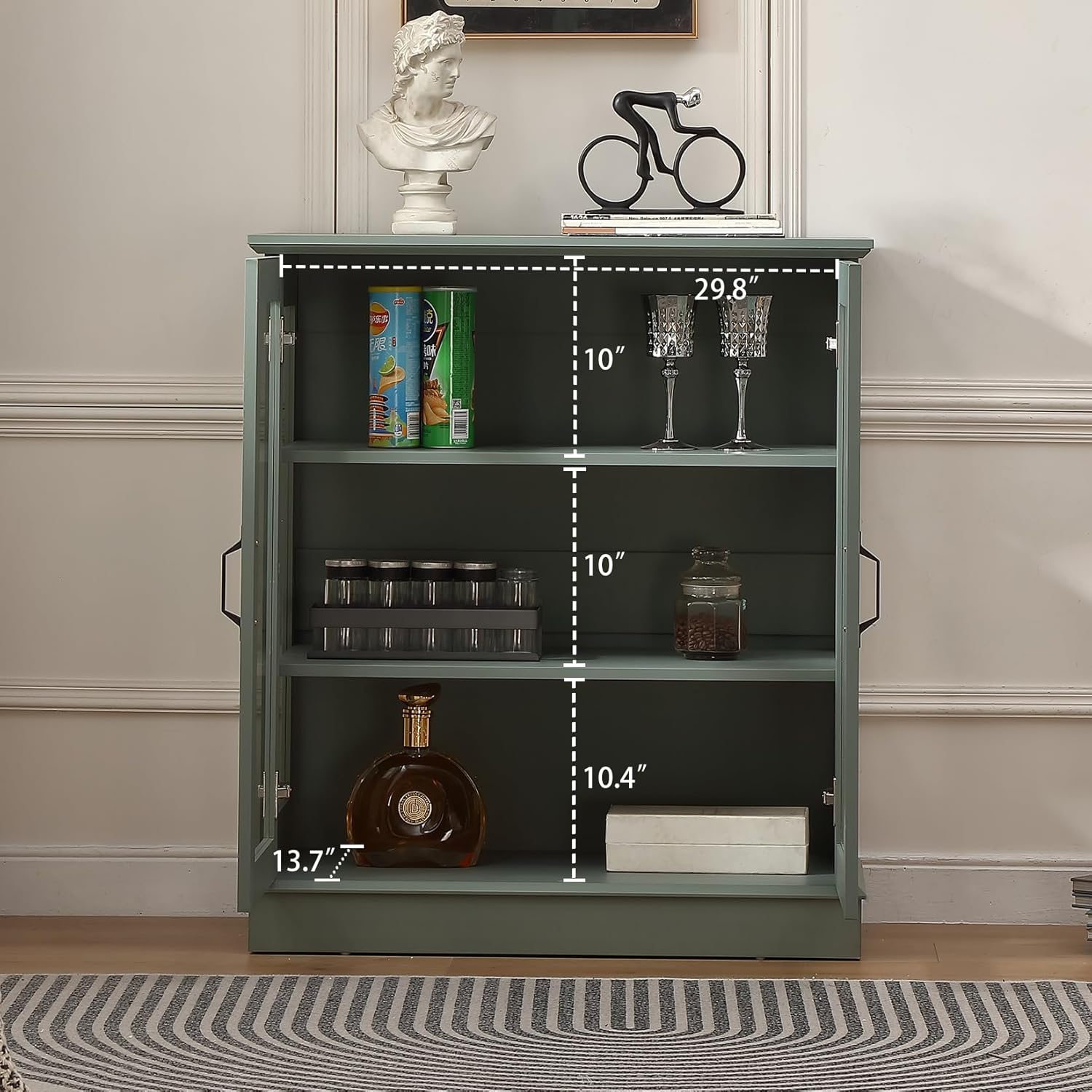FOREST GRAVITY 31.5'' Small Display Buffet Cabinet with Glass Doors for Great Showcase,Small Coffee bar Cabinet with one Adjustable Shelf and one Fixed Shelf,Modern Sideboard Buffet for Kitchen,Green