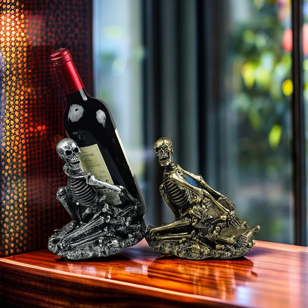 Gothic Skull Decorated Wine Bottle Rack, Halloween countertop Small Wine Rack, Room Emotional Decoration (Silvery)