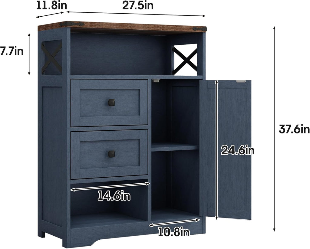 Fameill Farmhouse Storage Cabinet with 2 Drawers & Shelves, Freestanding Kitchen Cabinet with Doors, Floor Storage Organization for Living Room, Bathroom, Laundry, Blue, 27.5" L x 11.8" W x 37.5" H