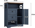 Fameill Farmhouse Storage Cabinet with 2 Drawers & Shelves, Freestanding Kitchen Cabinet with Doors, Floor Storage Organization for Living Room, Bathroom, Laundry, Blue, 27.5" L x 11.8" W x 37.5" H