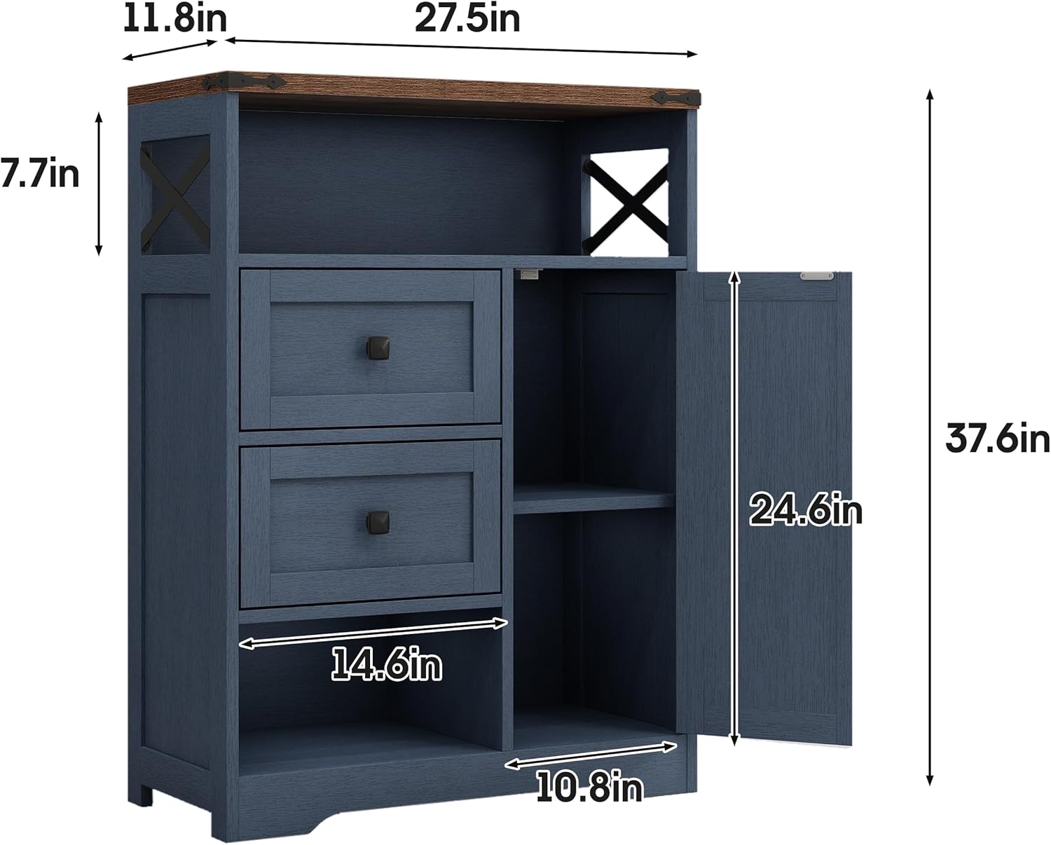 Fameill Farmhouse Storage Cabinet with 2 Drawers & Shelves, Freestanding Kitchen Cabinet with Doors, Floor Storage Organization for Living Room, Bathroom, Laundry, Blue, 27.5" L x 11.8" W x 37.5" H