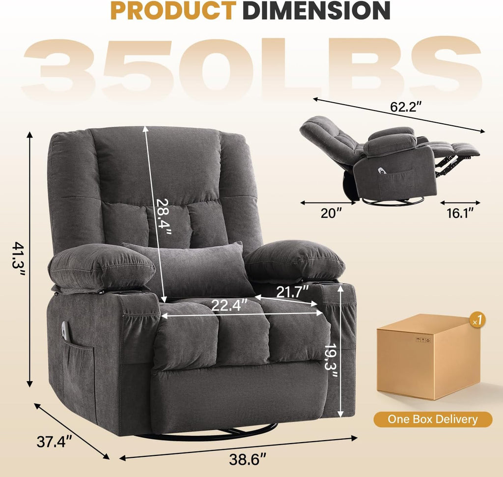 Swivel Rocker Recliner Chair with Vibration Massage and Heating Functions for Adults,Oversized Recliner Single Sofa with Side Pocket,Two Cup Holders for Living Room and Bedroom
