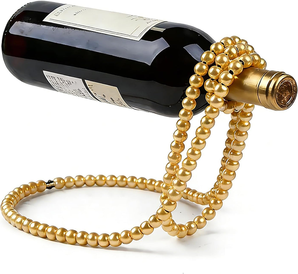 Artificial Pearl Necklace Wine Rack, Floating Countertop Wine Bottle Holder, Elegant Decor for Home Bar Kitchen & Living Room(Gold)